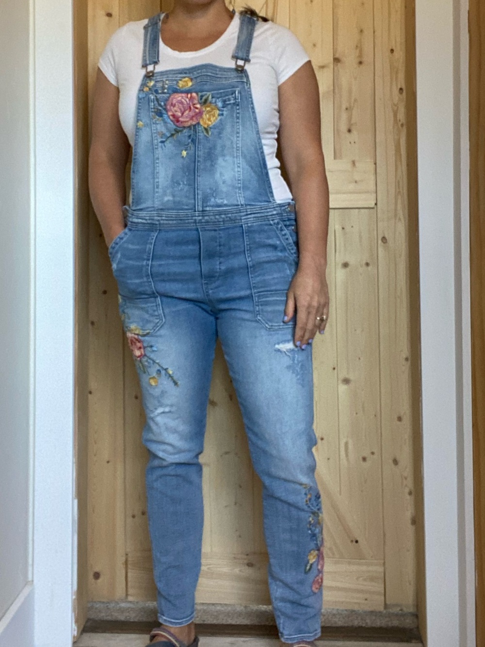 DRIFTWOOD Light Blue Embroidered Denim Overalls with Floral Detail